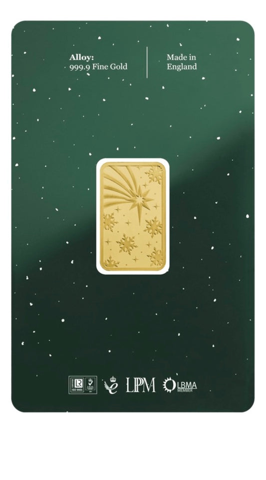 5g 999.9 Christmas Gold Bar – Festive Minted Design – Sealed Certicard UK