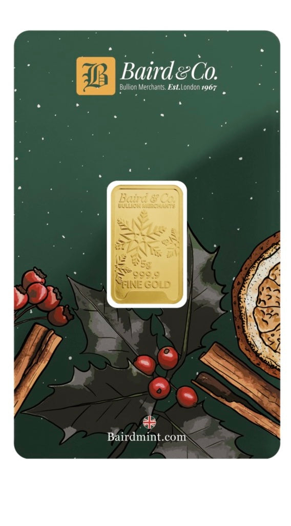 5g 999.9 Christmas Gold Bar – Festive Minted Design – Sealed Certicard UK
